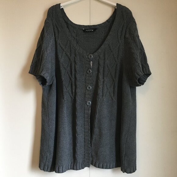 Chunky Cable Knit Short Sleeve Cotton Button Up Cardigan Sweater - Picture 1 of 15